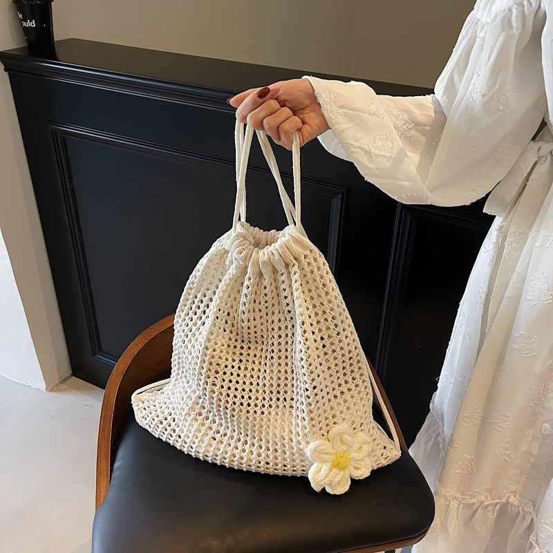 Solid Color Knitting Shoulder  - Crochet Market Bag ulasan dan harga