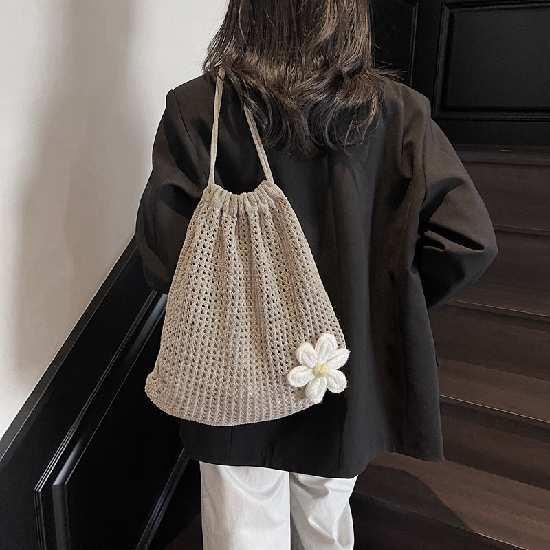 Solid Color Knitting Shoulder  - Crochet Market Bag ulasan dan harga