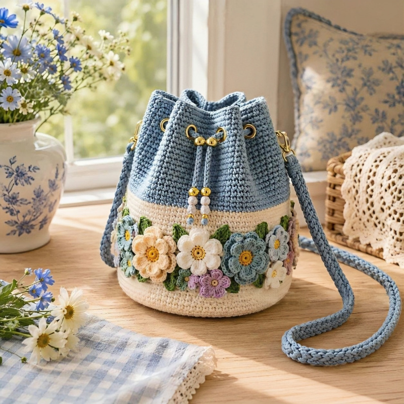 Handmade Crochet Bucket Bag Fl - Crochet Market Bag ulasan dan harga